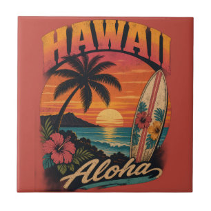 Vintage Hawaiaanse Zonsondergang Palmen Surfplank Tegeltje