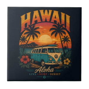 Vintage Hawaiaanse Zonsondergang Palmen Surfplank Tegeltje