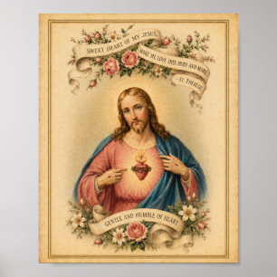 Vintage Heilig Hart van Jezus met gebed van St. Th Poster