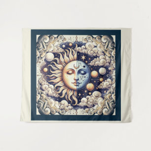 Vintage Hemel halve zon & maan Blauw Geel Wandkleed