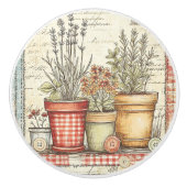 Vintage Herb Pots Gingham Keramische Knop (Voorkant)