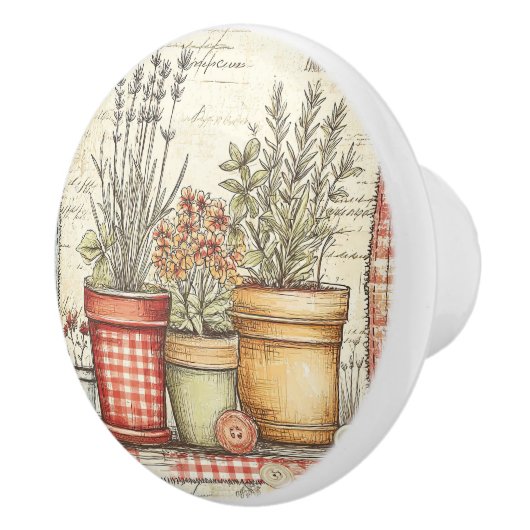 Vintage Herb Pots Gingham Keramische Knop (Rechts)