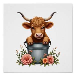 Vintage Highland Koe Bloemenmarkt Design met Bloem Perfect Poster