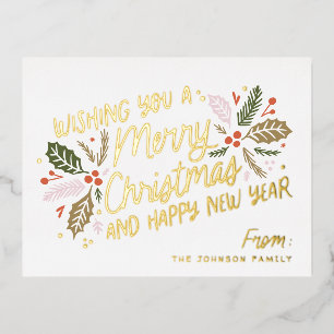 Vintage Holly Bright Typografie Kerst Folie Feestdagen Briefkaart