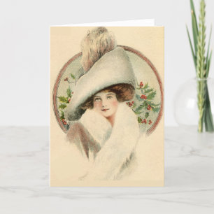 Vintage Holly Elegant Woman Feestdagen Kaart