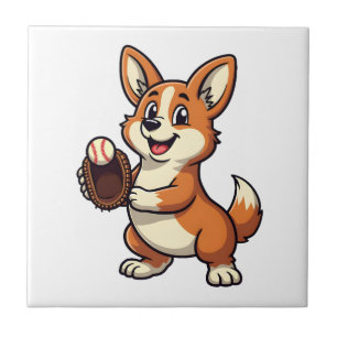 Vintage honkbal Corgi hondvanger Cartoon Vector Tegeltje