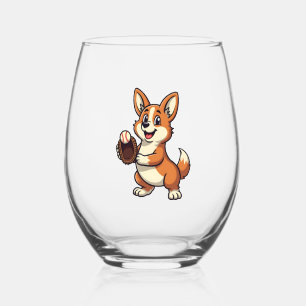 Vintage honkbal Corgi hondvanger Cartoon Vector Wijnglas Zonder Voet