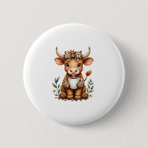 Vintage Hoogland Koe Coffee Liefhebber Waterverf S Ronde Button 5,7 Cm