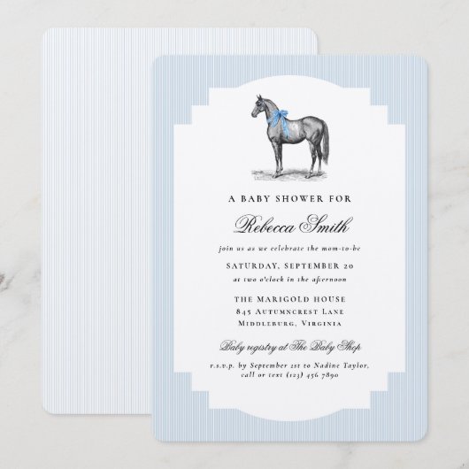 Vintage Horse Equine Blue Boy Elegant Baby Shower Kaart (Voorkant / Achterkant)
