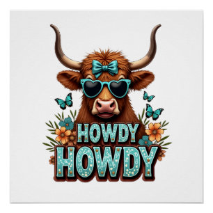 Vintage Howdy Schotse Hoogland Koe met Hart Zonneb Perfect Poster