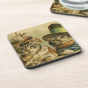 Vintage Humor, Victorian Bride Groom Cats in Hats Bier Onderzetter