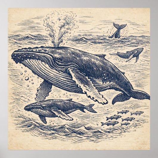 Vintage Humpback Whale Pod Engraving Poster (Voorkant)