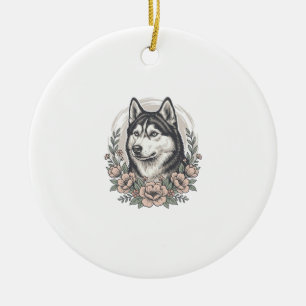 Vintage Husky Bloemstuk Shirt Ontwerp_1 Keramisch Ornament