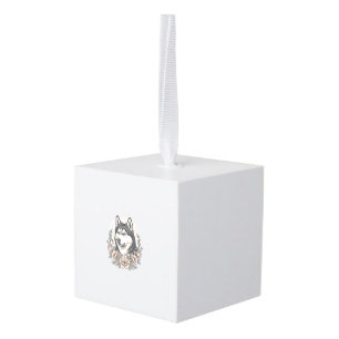 Vintage Husky Bloemstuk Shirt Ontwerp_1 Kubus Ornament