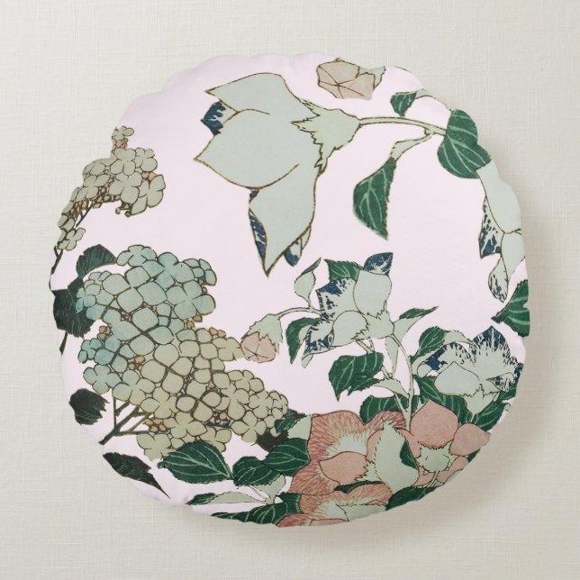 Vintage Hydrangea & Rustic Floral Coussin rond (Devant)