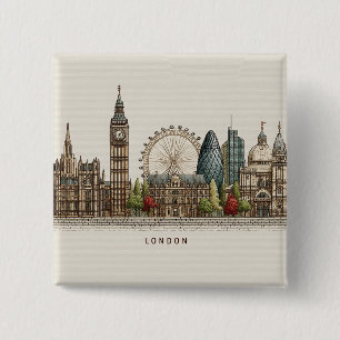 Vintage illustratie van het Londense stadsprofiel Vierkante Button 5,1 Cm