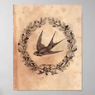 Vintage image Bird Swallow lijst Tea Sined Paper Poster