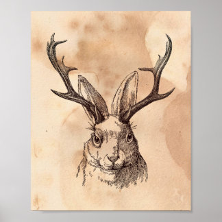 Vintage image Jackalope Rabbit Tea Sined Paper Poster