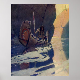 Vintage Indian Canoe Paddling Zon Klassieker Poster