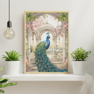 Vintage Indische stijl bloemrijke tuin pauw Poster