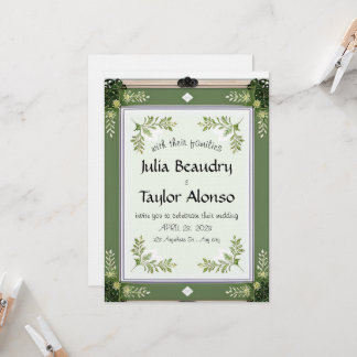Vintage-Inspired Green Floral Border invitation