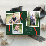 Vintage instantané JOIE JEUNESSE 3 Carte photo<br><div class="desc">Ce carte photo de vacances moderne dispose de trois photos de différentes tailles sur un arrière - plan vert foncé avec "JOY" en rouge arrangé avec soin, et espace pour votre accueil/signature familiale. Cette conception comprend une photo horizontale, une photo carré et une photo verticale. Sur le dos il y...</div>