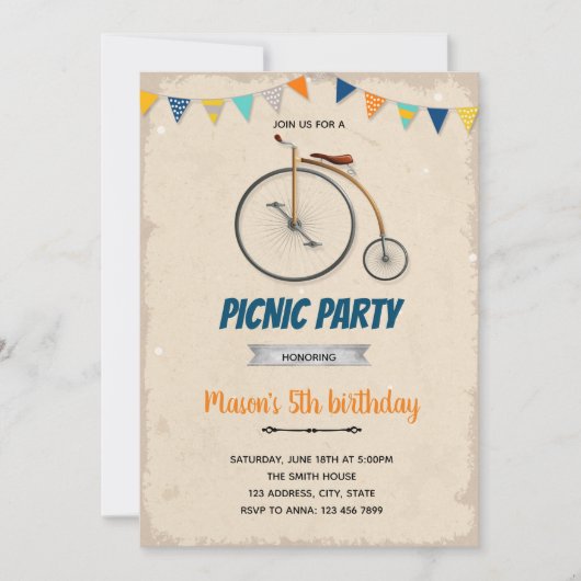 Vintage invitation à thème d'anniversaire vélo (Devant)