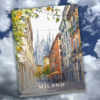 Vintage Italy Milano Milan Travel Watercolor  Feestdagenkaart