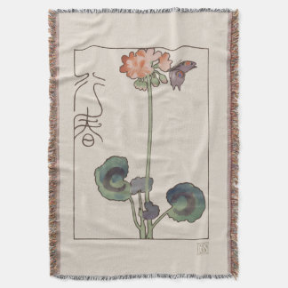 Vintage Japanese Spring Art: Geranium & Butterfly Deken