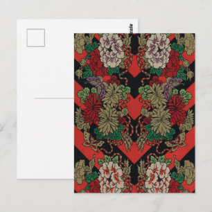 Vintage Japans Bloemmotief Pioenrood Zwart Patroon Briefkaart