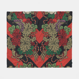 Vintage Japans Bloemmotief Pioenrood Zwart Patroon Fleece Deken