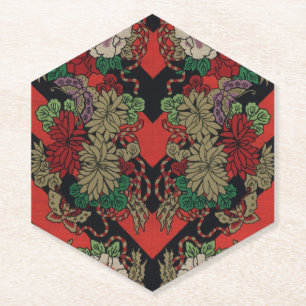 Vintage Japans Bloemmotief Pioenrood Zwart Patroon Kartonnen Onderzetters