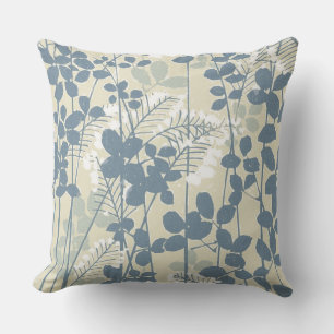 Vintage Japanse Blauwe Botanische: Crème Blad Vare Buitenkussen