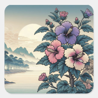 Vintage Japanse Bloem Hibiscus Kunst Vierkant Vierkante Sticker