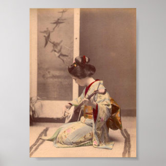 Vintage Japanse geisha die de shamisen bespeelt Poster