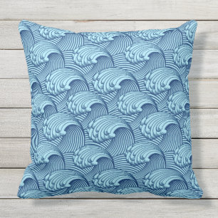 Vintage Japanse Golven, het Blauw van de Marine en Buitenkussen