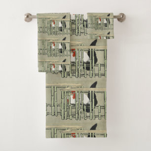 Vintage Japanse Haan achter Bamboehek Kunst Bad Handdoek