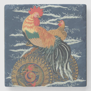 Vintage Japanse Haan Kip Draak Kunst Stenen Onderzetter