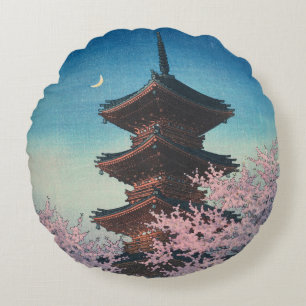 Vintage Japanse Houtblokdruk Lentebloesem Pagode Rond Kussen