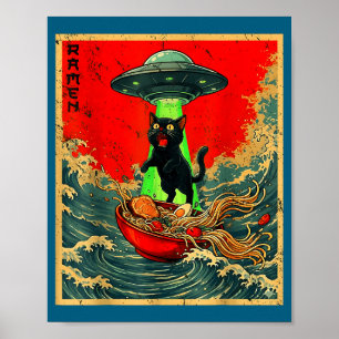 Vintage Japanse Kat Alien Ramen Vader Ufo Grappige Poster