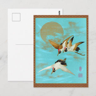 Vintage Japanse Kraanvogel & Gouden Zon Blauwe Kun Briefkaart