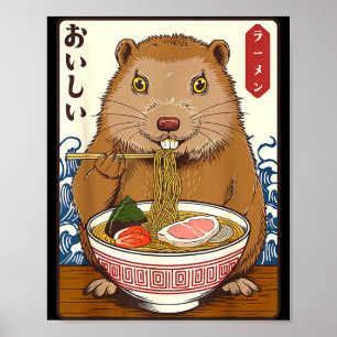 Vintage Japanse Kunst Bosmarmot Eet Ramen Grappige Poster