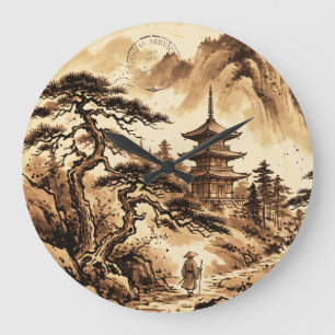Vintage Japanse Pagode & Pijnboom Wandklok Grote Klok