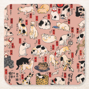 Vintage Japanse Ukiyo-e kattenpatroon: Kuniyoshi Vierkante Kartonnen Onderzetter