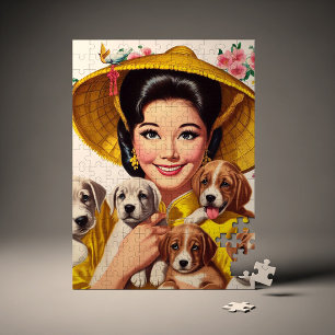 Vintage Japanse vrouw en puppy's Legpuzzel