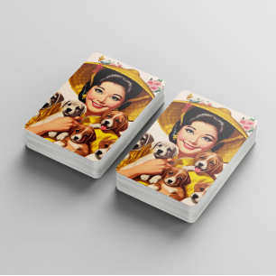Vintage Japanse vrouw en puppy's Pokerkaarten