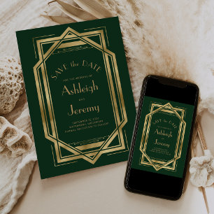 Vintage jaren 20 Deco oerwoudgroen gouden foto bru Save The Date