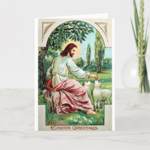 Vintage Jésus Avec Agneaux Carte Pâques
