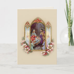 Vintage Jezus Mary Joseph Nativity Floral Feestdagen Kaart