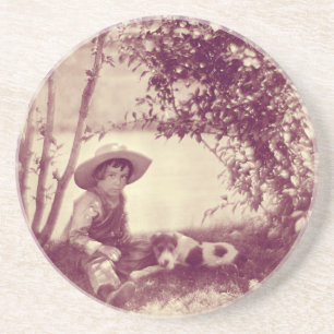 Vintage Jongen Met Hond In Rust Zandsteen Onderzet Onderzetter